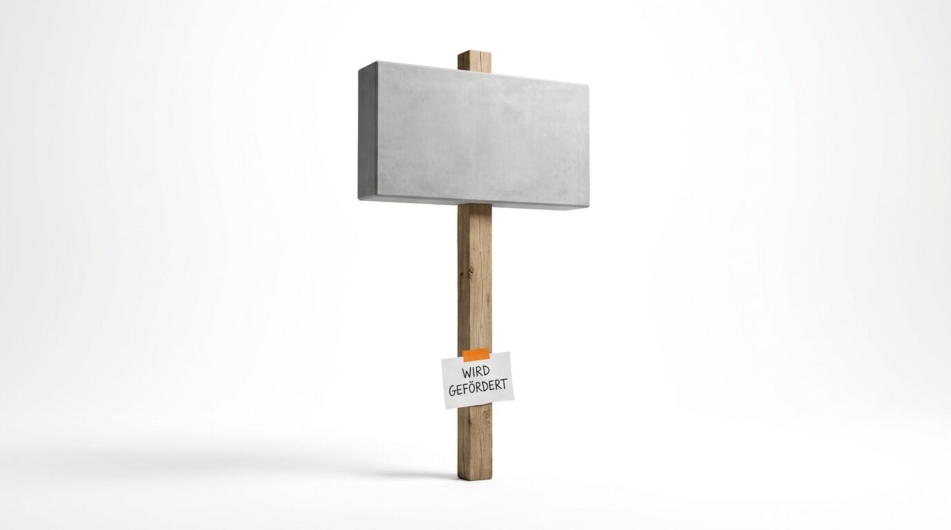 Ein Holzpfahl mit Betonplatte und Notiz mit der Aufschrift: WIRD GEFÖRDERT