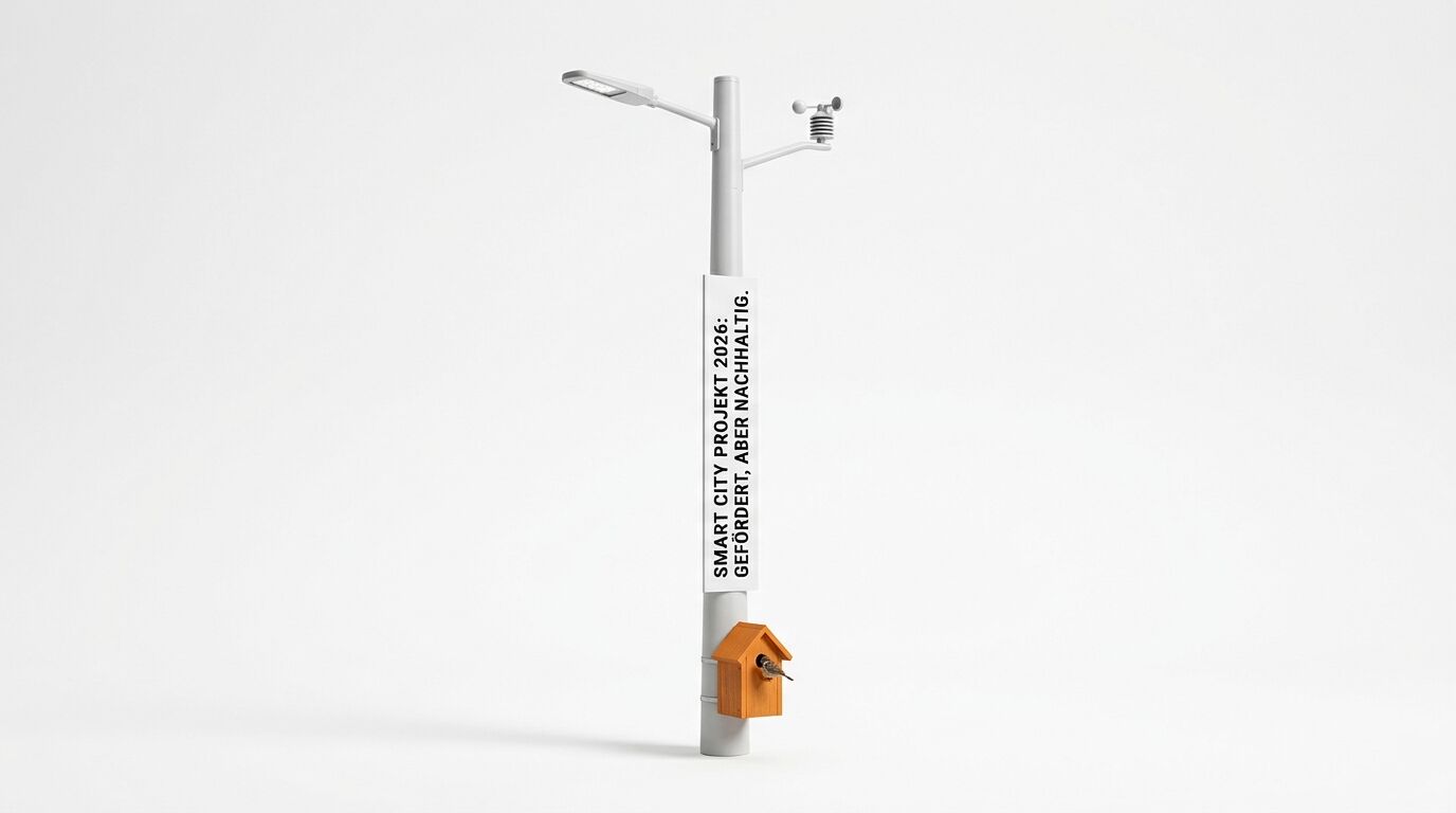 Laterne mit Smart-City-Schild und Vogelhaus auf weißem Hintergrund