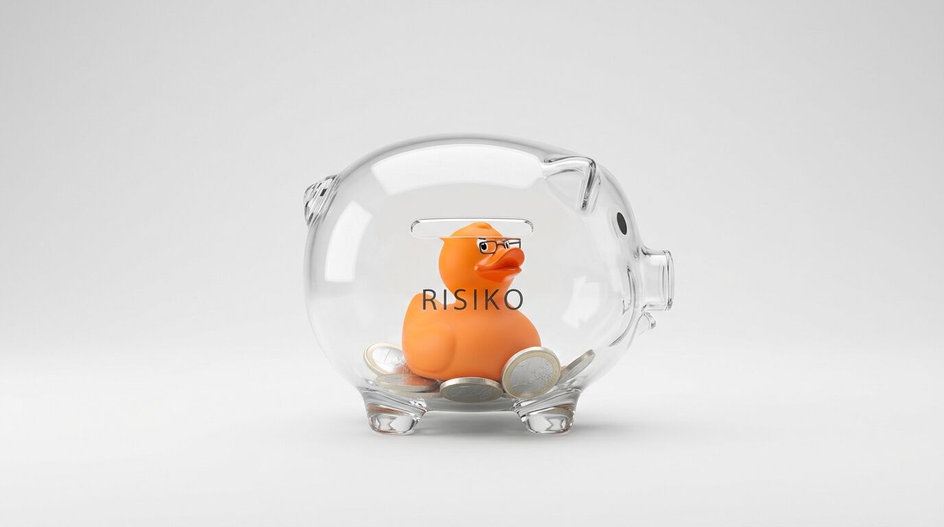 Gläsernes Sparschwein mit oranger Badeente, Brille und Aufschrift