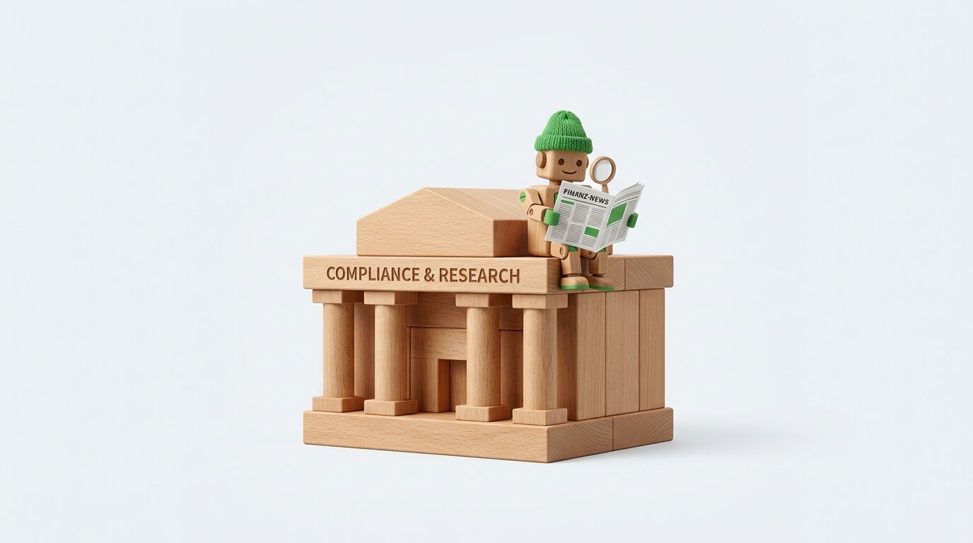 Holzmodell eines Tempels mit der Aufschrift „COMPLIANCE & RESEARCH“, auf dem ein Holzroboter sitzt
