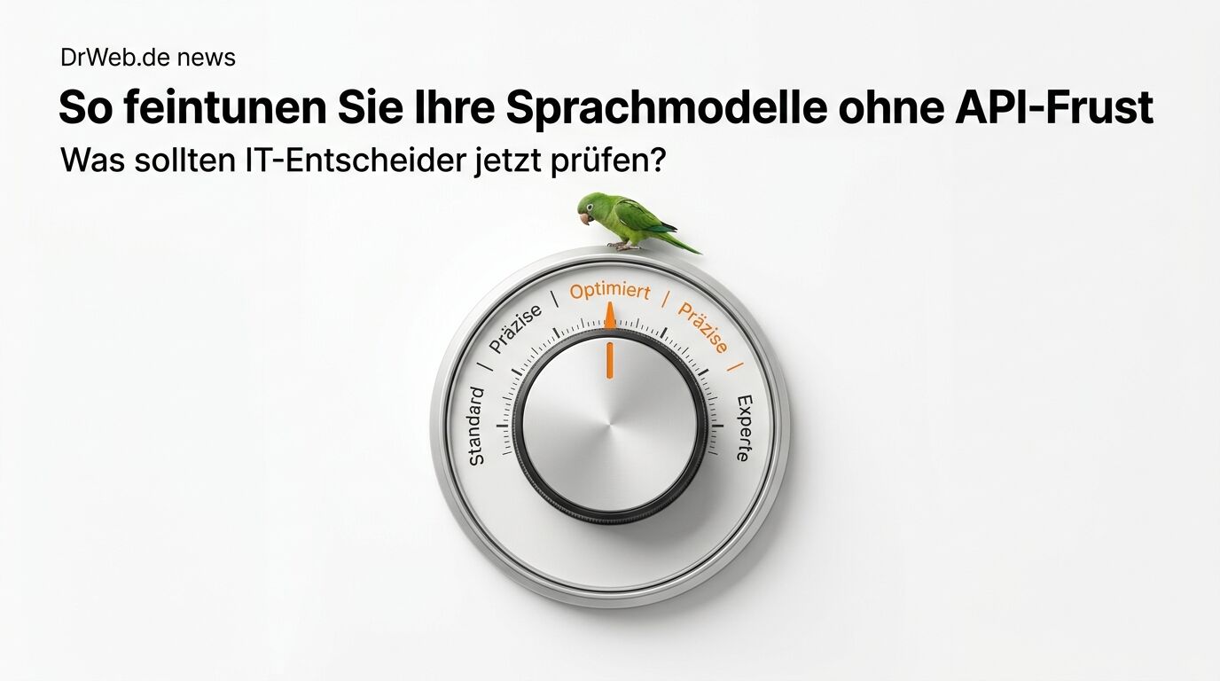 Drehregler auf weißem Grund, darauf grüner Vogel, mit deutschem Text zum Feintuning von Sprachmodellen