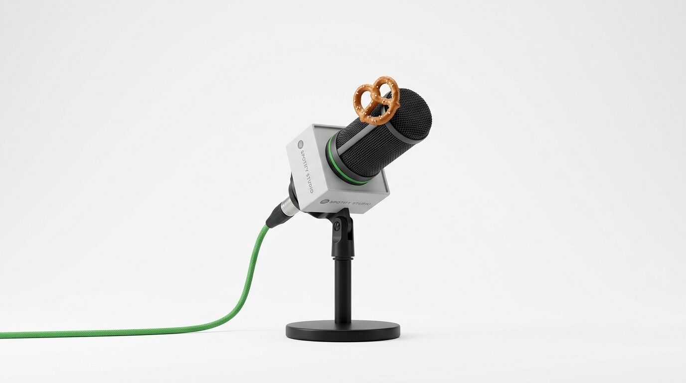 Mikrofon auf Stativ mit grünem Kabel und Brezel darauf vor weißem Hintergrund