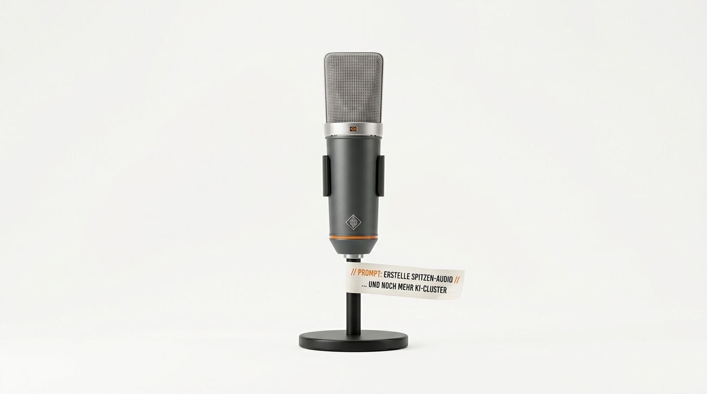 Ein Studio-Mikrofon auf einem Ständer mit einer kleinen Notiz am Hals auf weißem Grund