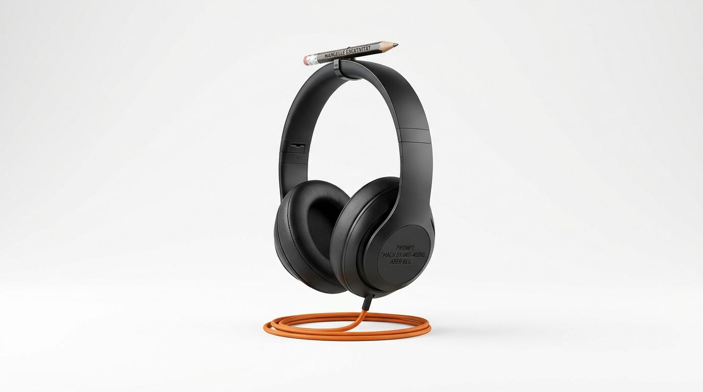 Schwarze Kopfhörer mit orangem Kabel und Bleistift darauf vor weißem Hintergrund