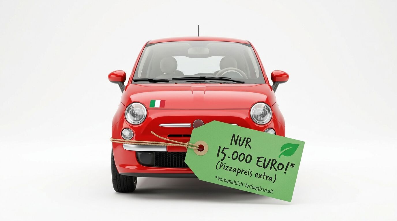 Roter Kleinwagen mit italienischer Flagge und Preisschild für 15.000 Euro auf weißem Grund