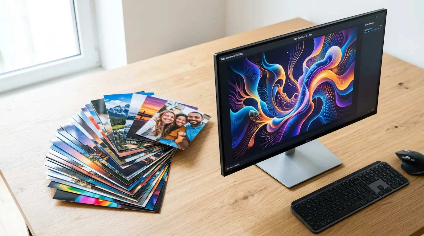 Fächer aus gedruckten Fotos neben einem Computer auf einem Holztisch