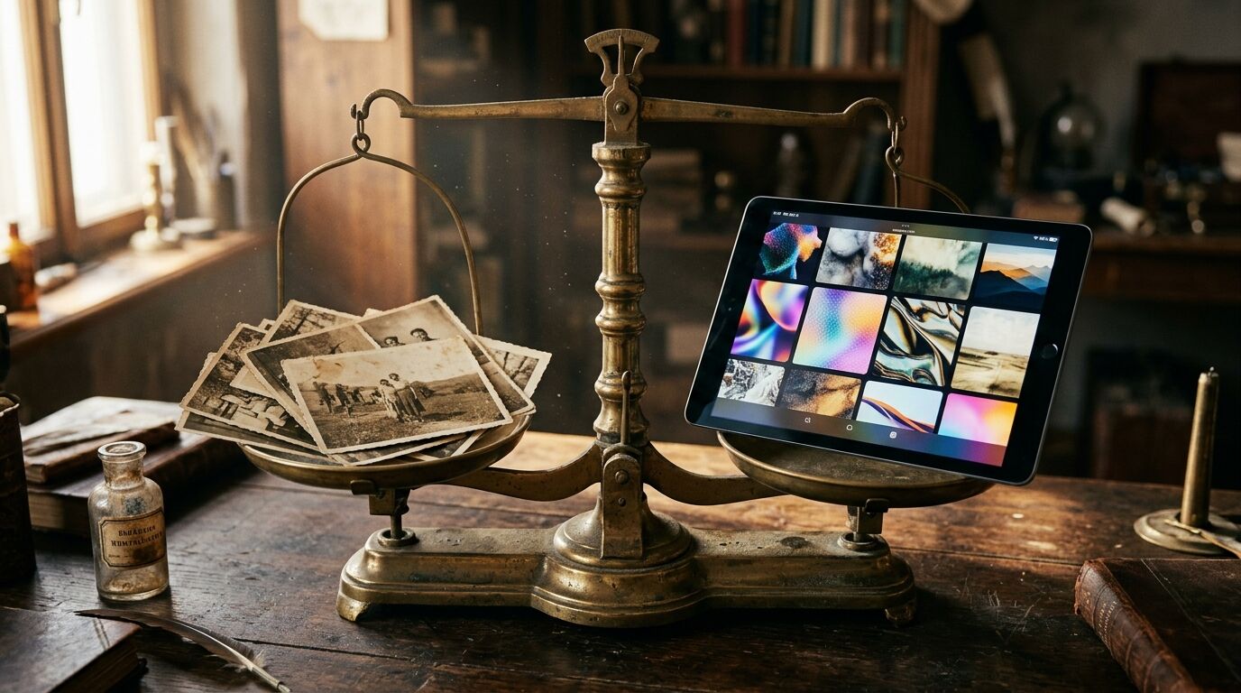 Alte Waage mit analogen Fotos und einem Tablet in historischem Raum