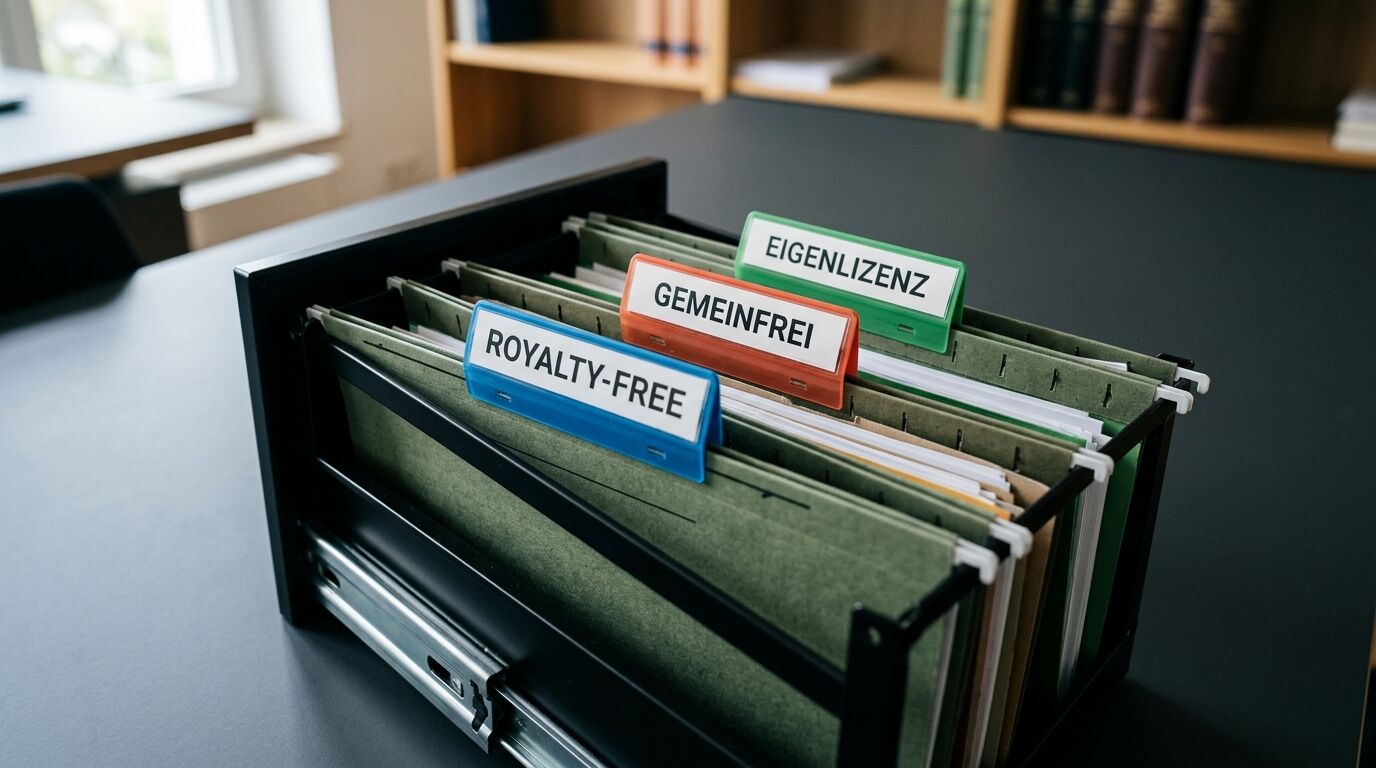 Karteibox mit Hängemappen, beschriftet: Royalty-Free, Gemeinfrei, Eigenlizenz