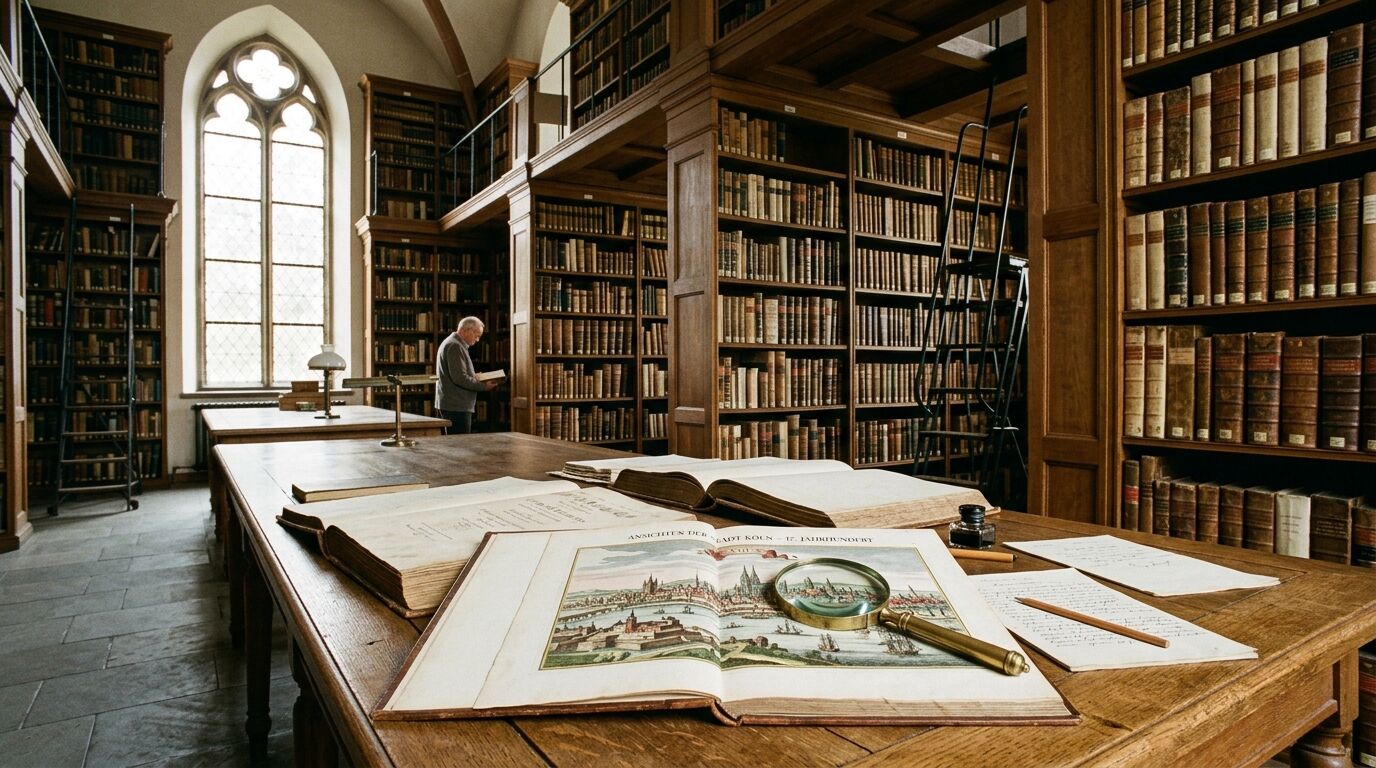 Historische Bibliothek mit alten Büchern, Studientischen, einer Leselupe und einem Mann im Hintergrund