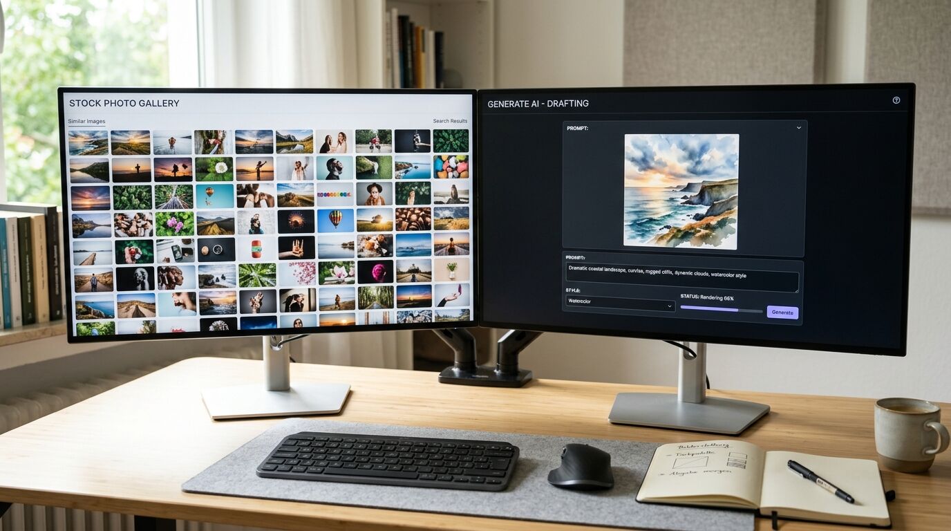 Zwei Monitore auf einem Schreibtisch: links Stock-Fotos, rechts ein KI-Generierungstool