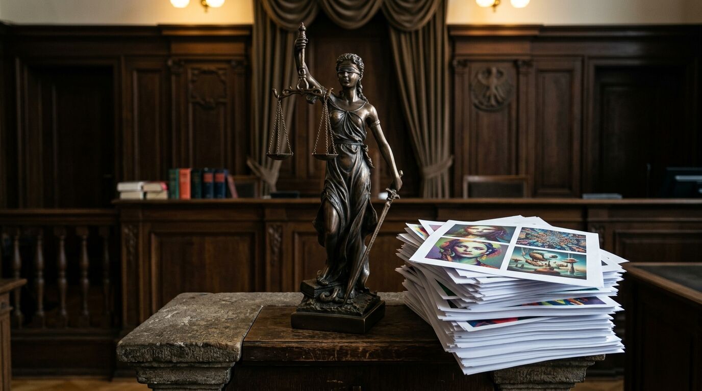 Justitia-Statue neben einem Stapel gedruckter KI-Bilder in einem Gerichtssaal