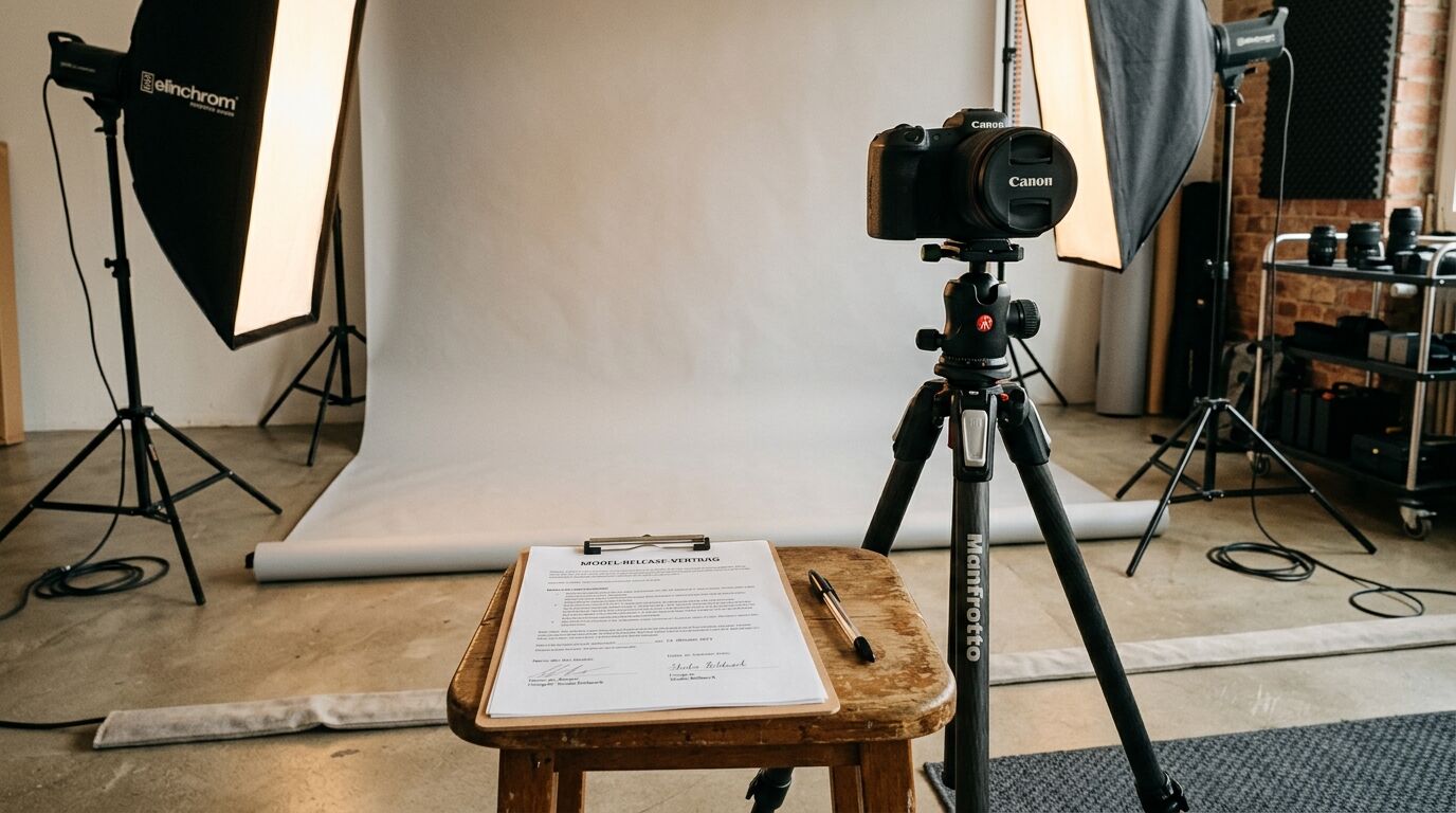 Ein Fotostudio mit Kamera auf Stativ, zwei Studioleuchten, Hintergrund und einem Klemmbrett auf Hocker