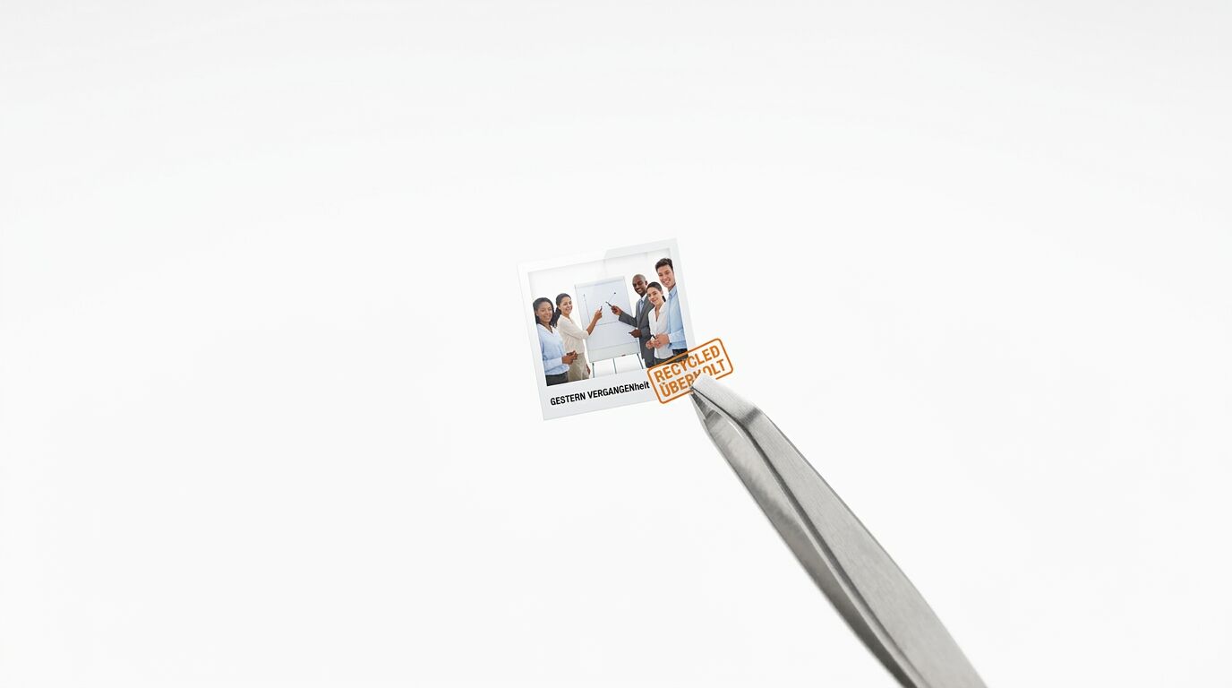 Pinzette greift Foto von Teammeeting mit Stempel 