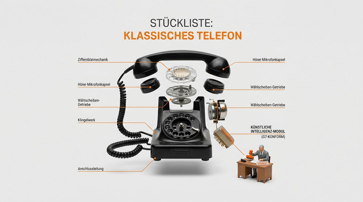 Anatomie eines klassischen Telefons mit KI-Modul und stempelnder Miniaturfigur