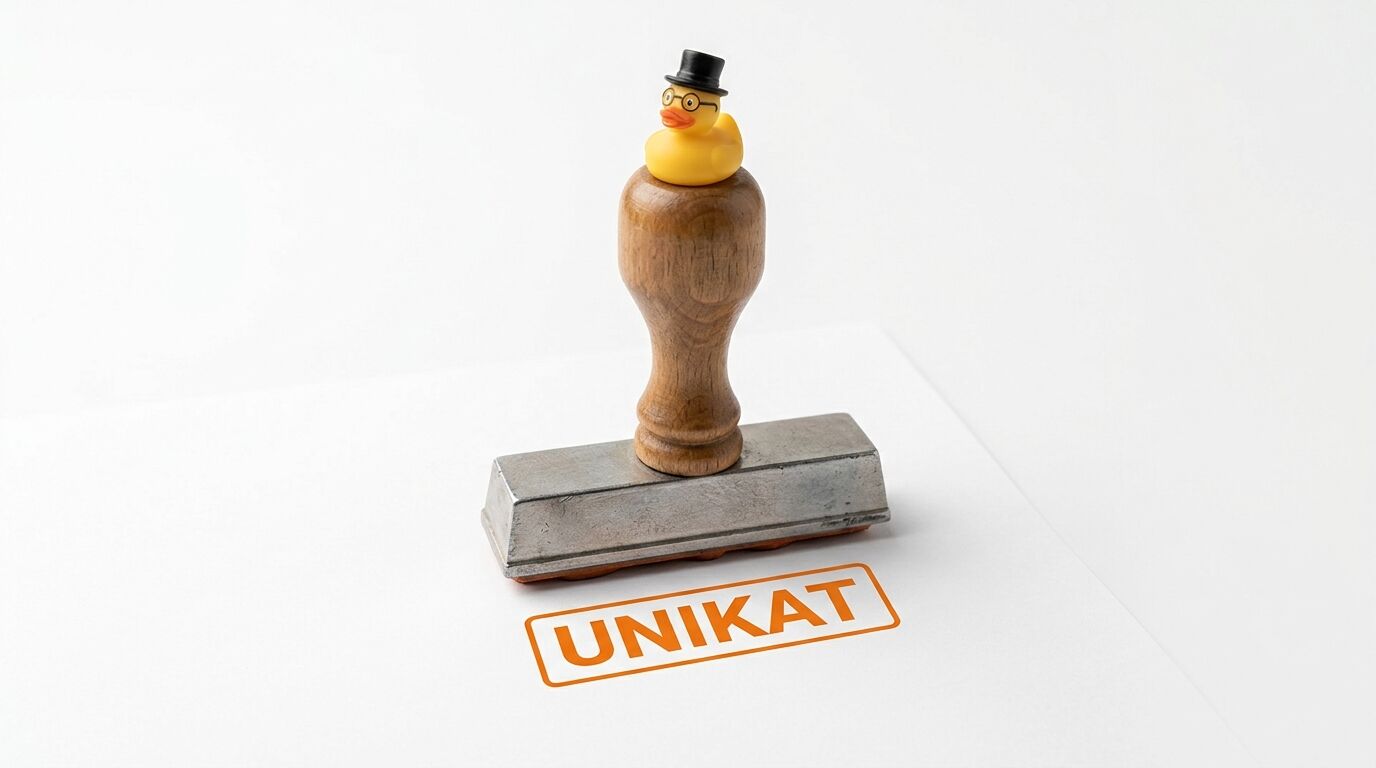 Stempel mit Ente, Zylinder und Brille oben, orangefarbener Abdruck „UNIKAT“ auf weißem Papier