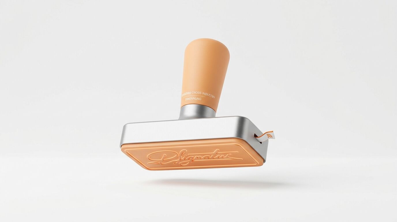 Hängender moderner Stempel mit Holzgriff, Metallsockel und Gummifläche