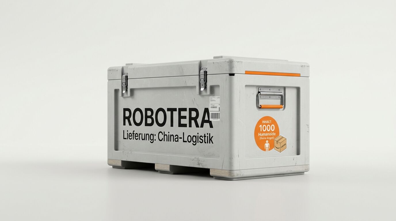 Ein grauer Frachtbehälter mit der Aufschrift „ROBOTERA“, einem Versandetikett und Warnaufklebern vor weißem Hintergrund