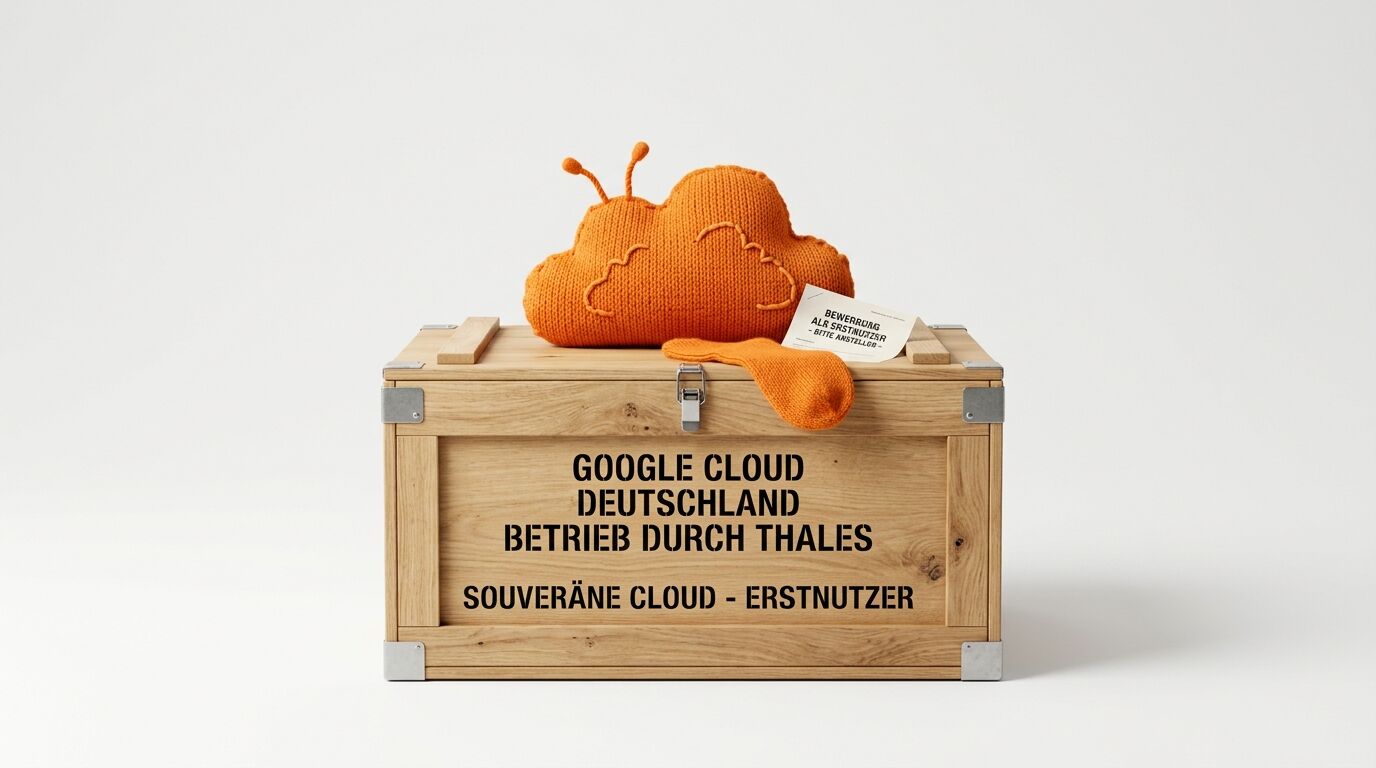 Holzkiste mit Aufschrift, darauf orangefarbene Strickfigur in Wolkenform und ein Kärtchen