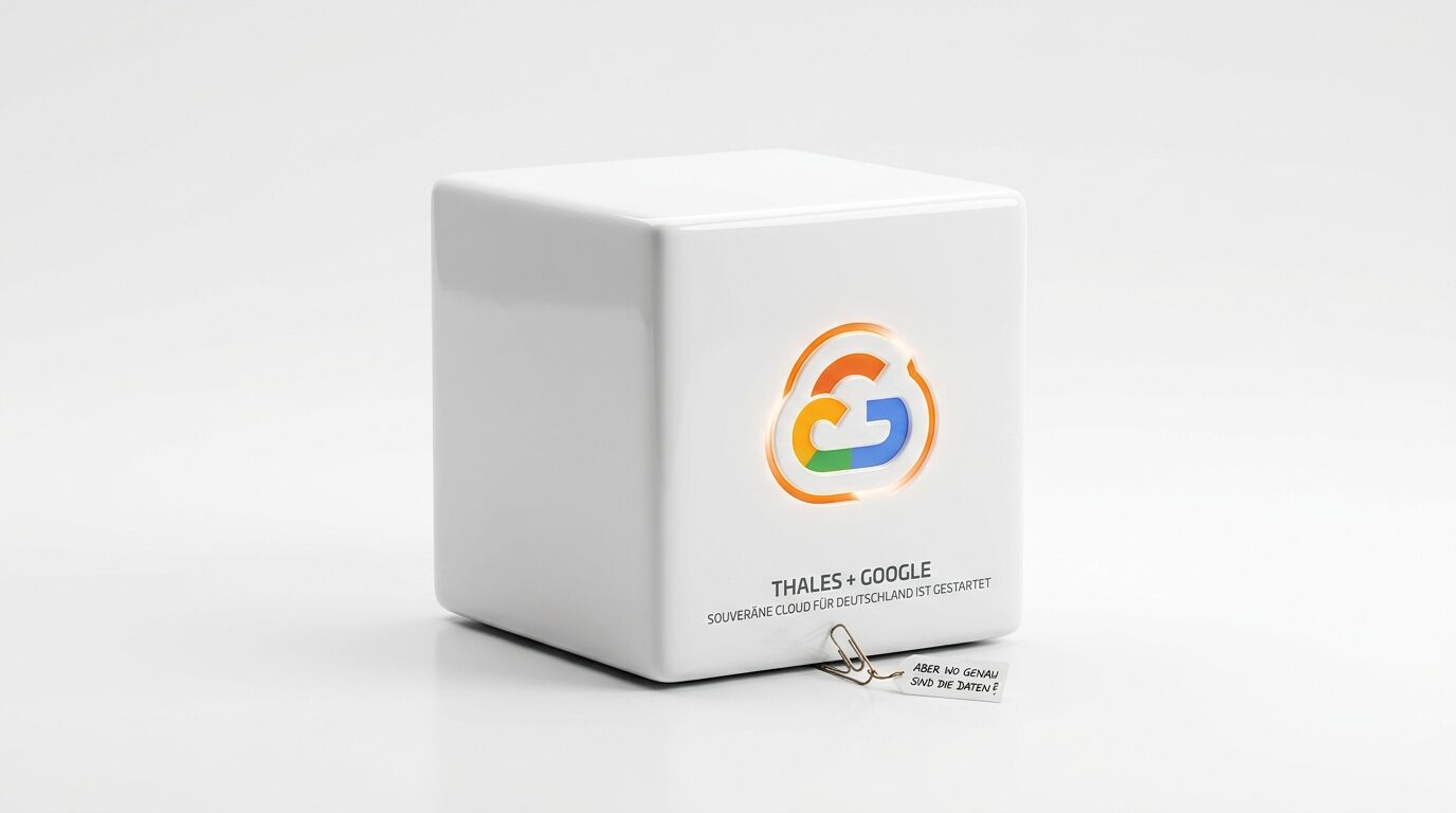 Ein weißer Würfel mit Google-Cloud-Logo, Beschriftung und einem kleinen Zettel