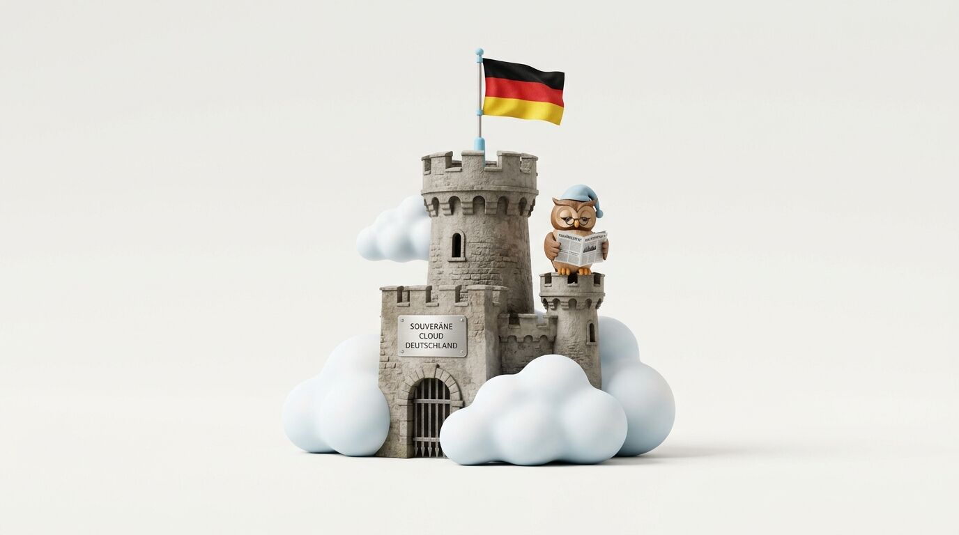 Eine stilisierte Burg mit einer Deutschlandflagge und einer Eule in Wolken, die