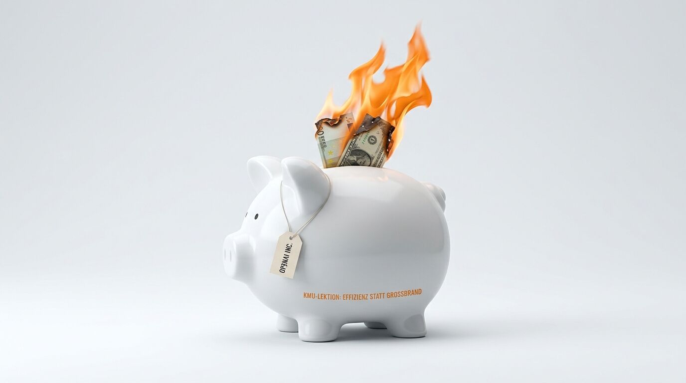 Ein weißes Sparschwein mit einem „OPENAI INC.“-Tag und brennenden Geldscheinen oben