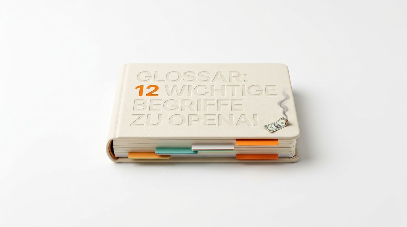 Buch mit Titel „GLOSSAR: 12 WICHTIGE BEGRIFFE ZU OPENAI“, Tabs und rauchender Geldnote