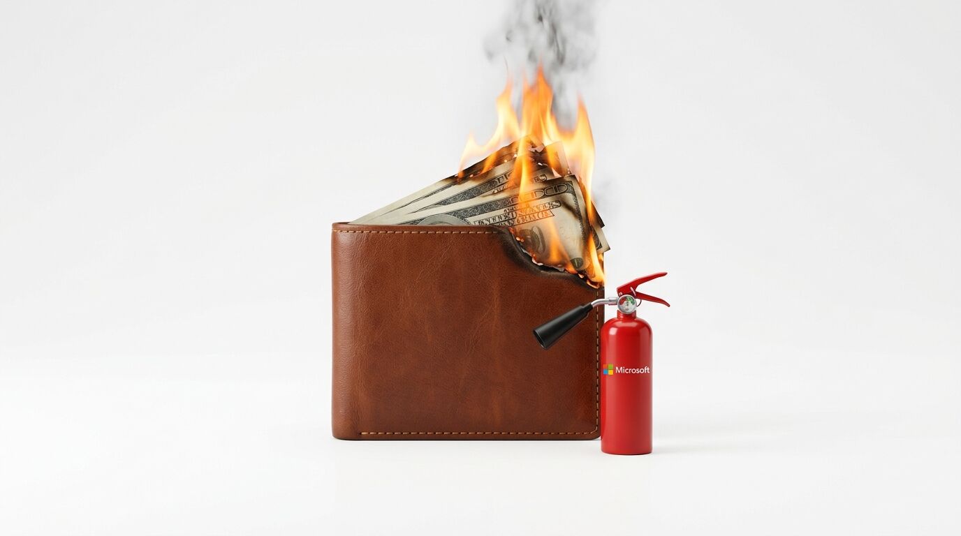 Brennende Brieftasche mit US-Dollar und kleiner Microsoft-Feuerlöscher daneben
