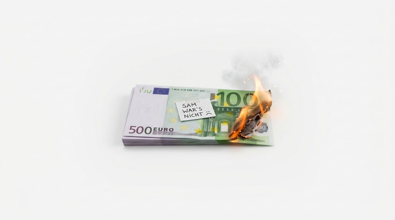 Ein brennender Euro-Geldscheinstapel mit der Notiz „SAM WAR'S NICHT :-(“ auf weißem Hintergrund