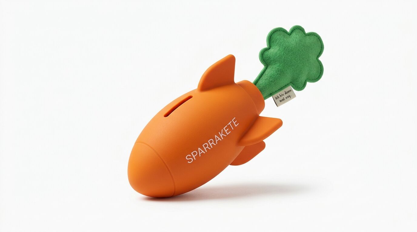 Sparschwein in Karottenform, weißer Text „SPARRAKETE“, grünes Blatt und Etikett, weißer Grund