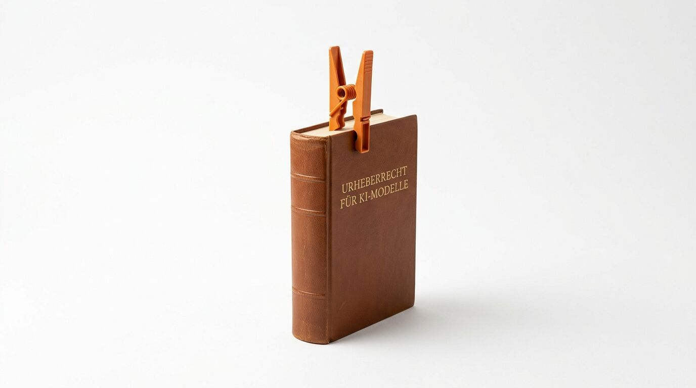 Ein Buch mit dem Titel „URHEBERRECHT FÜR KI-MODELLE“ und einer Wäscheklammer