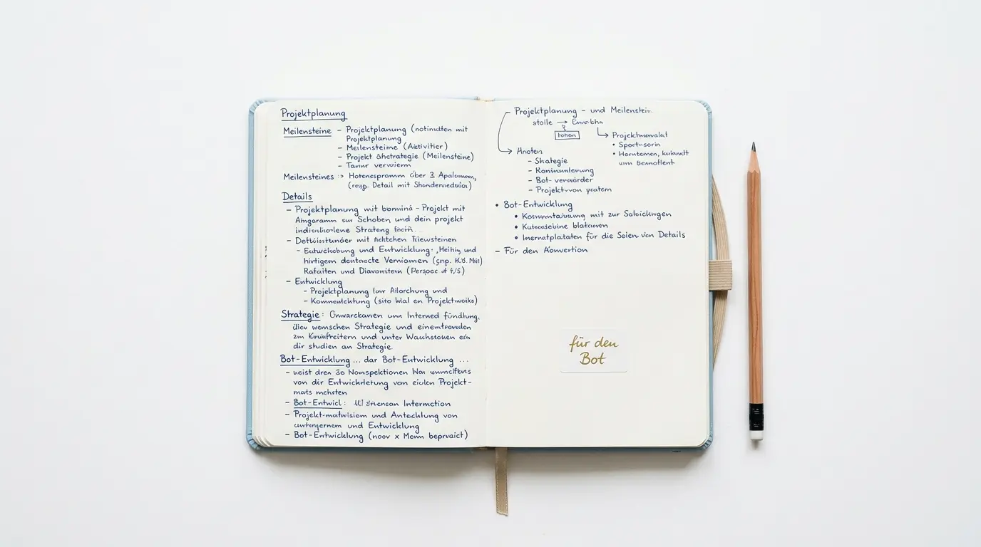 Offenes Notizbuch mit handgeschriebener Projektplanung und ein Bleistift daneben auf weißem Grund