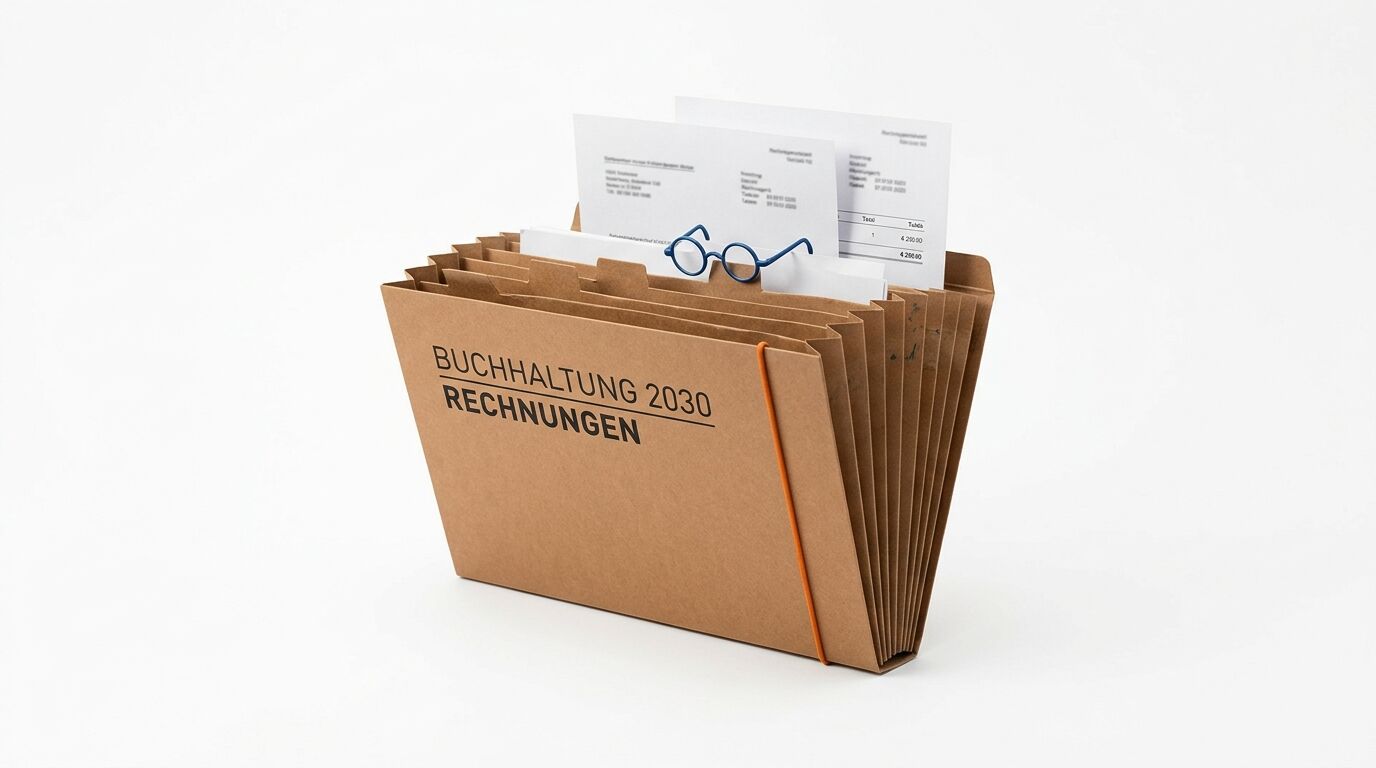 Fächermappe „Buchhaltung 2030 RECHNUNGEN“ mit Papieren und blauer Brille auf Weiß