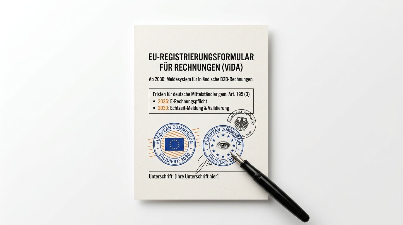 EU-Registrierungsformular mit Stempeln und einem Füller auf hellem Hintergrund