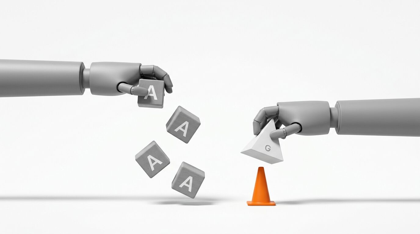 Zwei Roboterhände hantieren mit „A“-Würfeln und einem „G“-Dreieck über einem Pylon