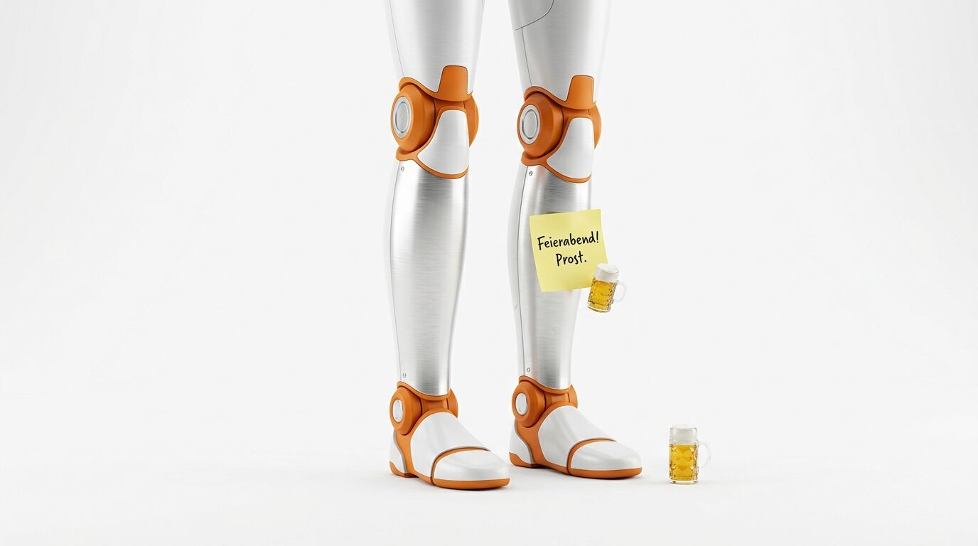 Roboterbeine mit Haftnotiz „Feierabend! Prost.“ und kleinen Bierkrügen vor weißem Hintergrund