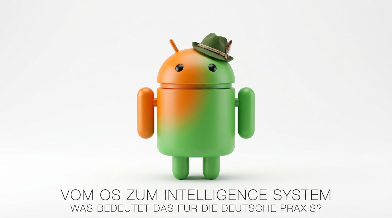 Android-Roboter mit Sepplhut in Orange/Grün mit Text zur deutschen Praxis