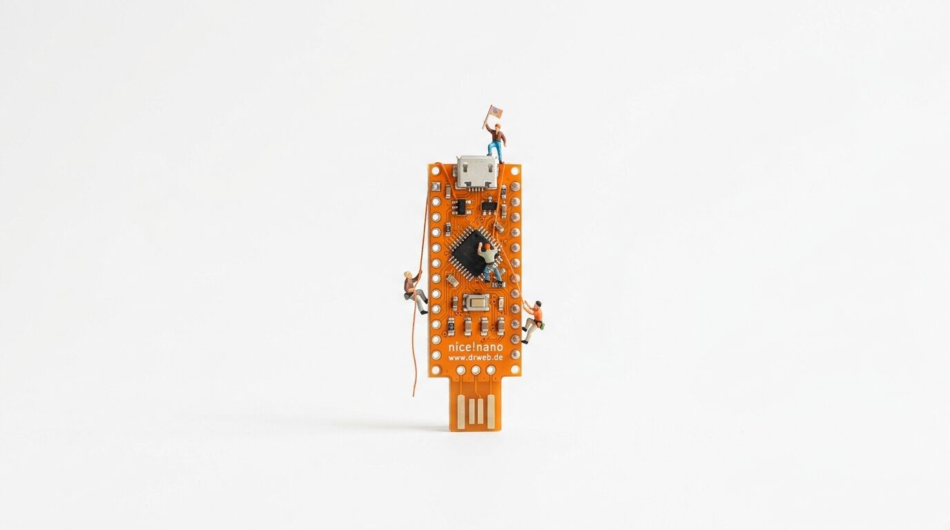 Miniaturfiguren erklimmen einen orangen nice!nano USB-Mikrocontroller vor weißem Hintergrund