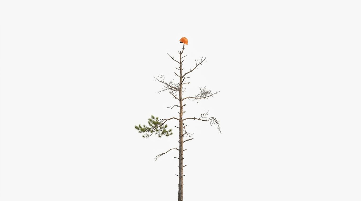 Ein abgestorbener Nadelbaum mit einem Ast voller Nadeln und einem orangen Helm auf der Spitze