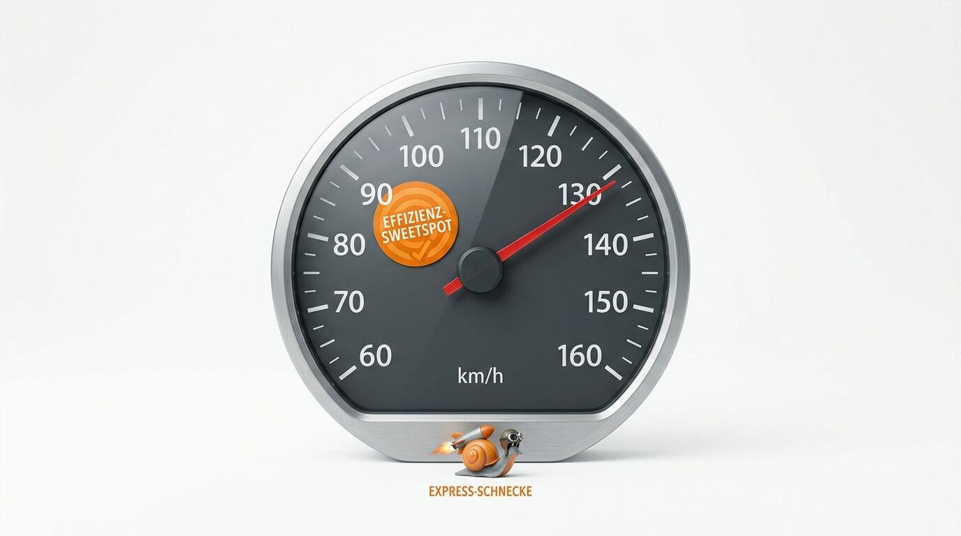 Tachometer zeigt 130 km/h mit orangefarbenem Aufkleber „EFFIZIENZ-SWEETSPOT“. Darunter Schnecke