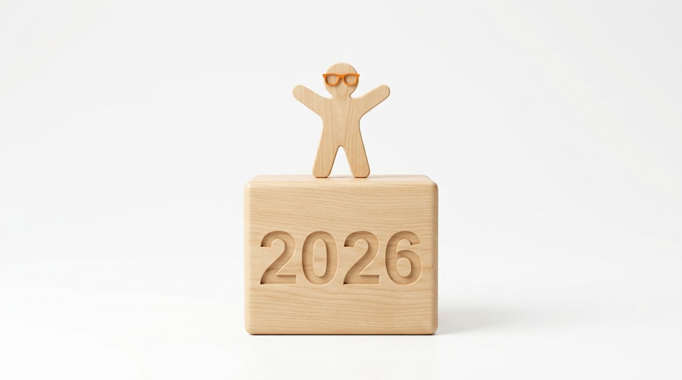 Holzfigur mit oranger Brille steht auf einem Holzblock mit der eingravierten Jahreszahl 2026