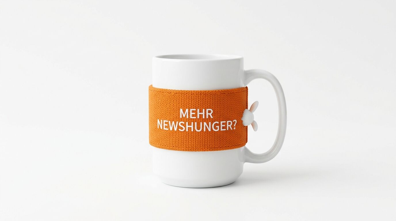 Weiße Tasse mit orangefarbener Strickmanschette und weißem Text: „MEHR NEWSHUNGER?“