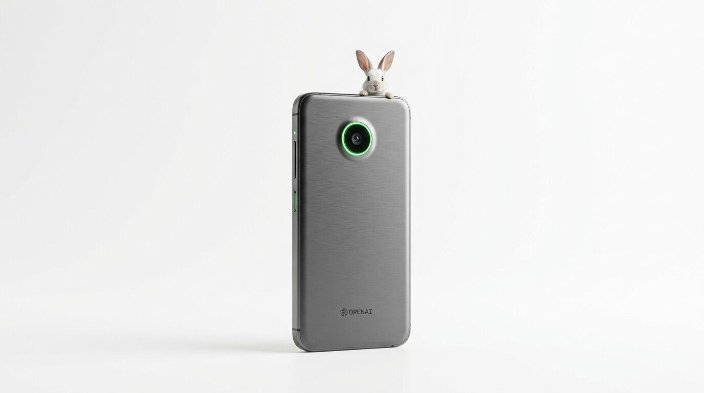 Ein graues Smartphone mit dem Logo „OpenAI“ und einem kleinen Hasen, der oben herausguckt