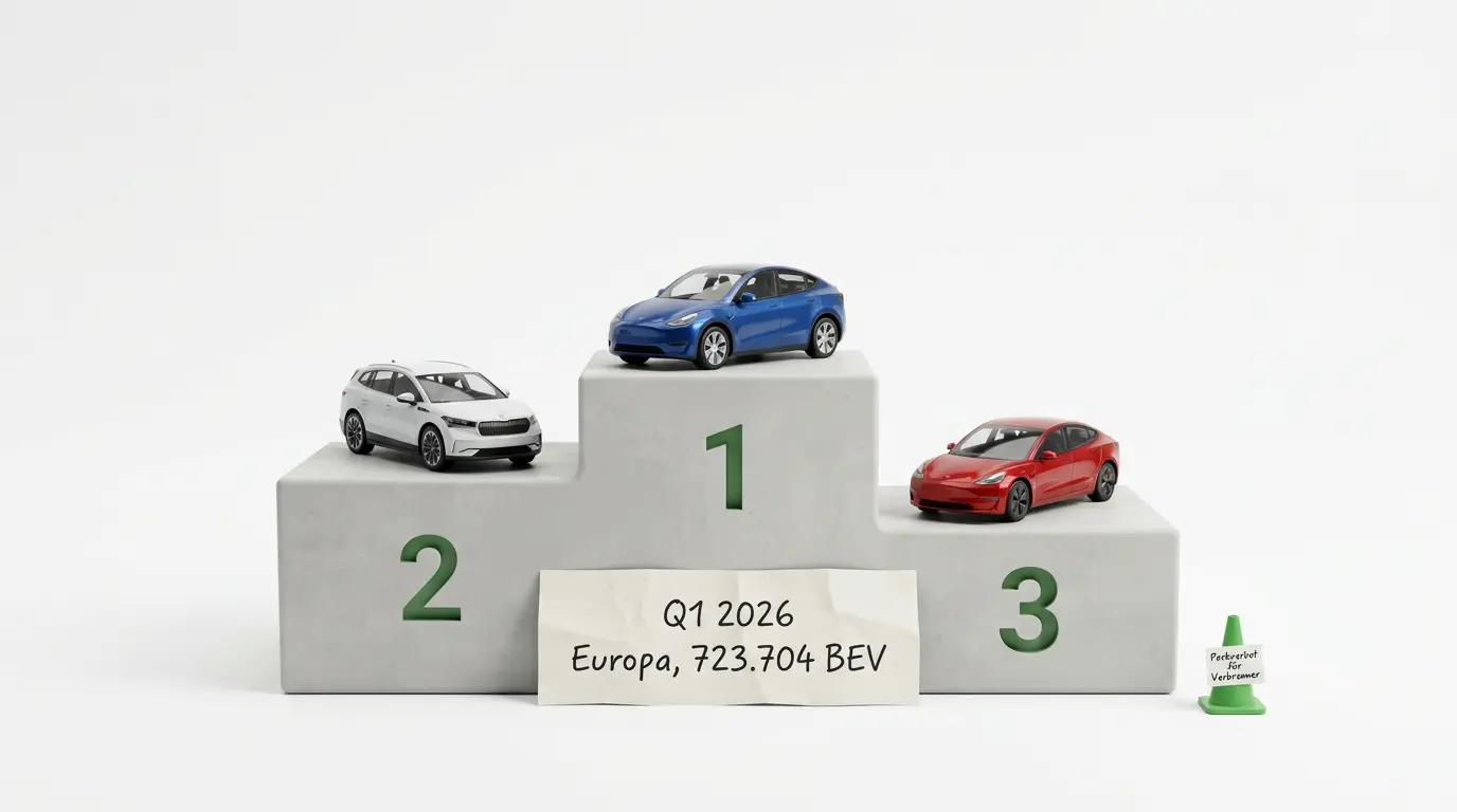 Siegertreppchen mit drei Elektroautomodellen, beschriftet für Q1 2026 Europa BEV