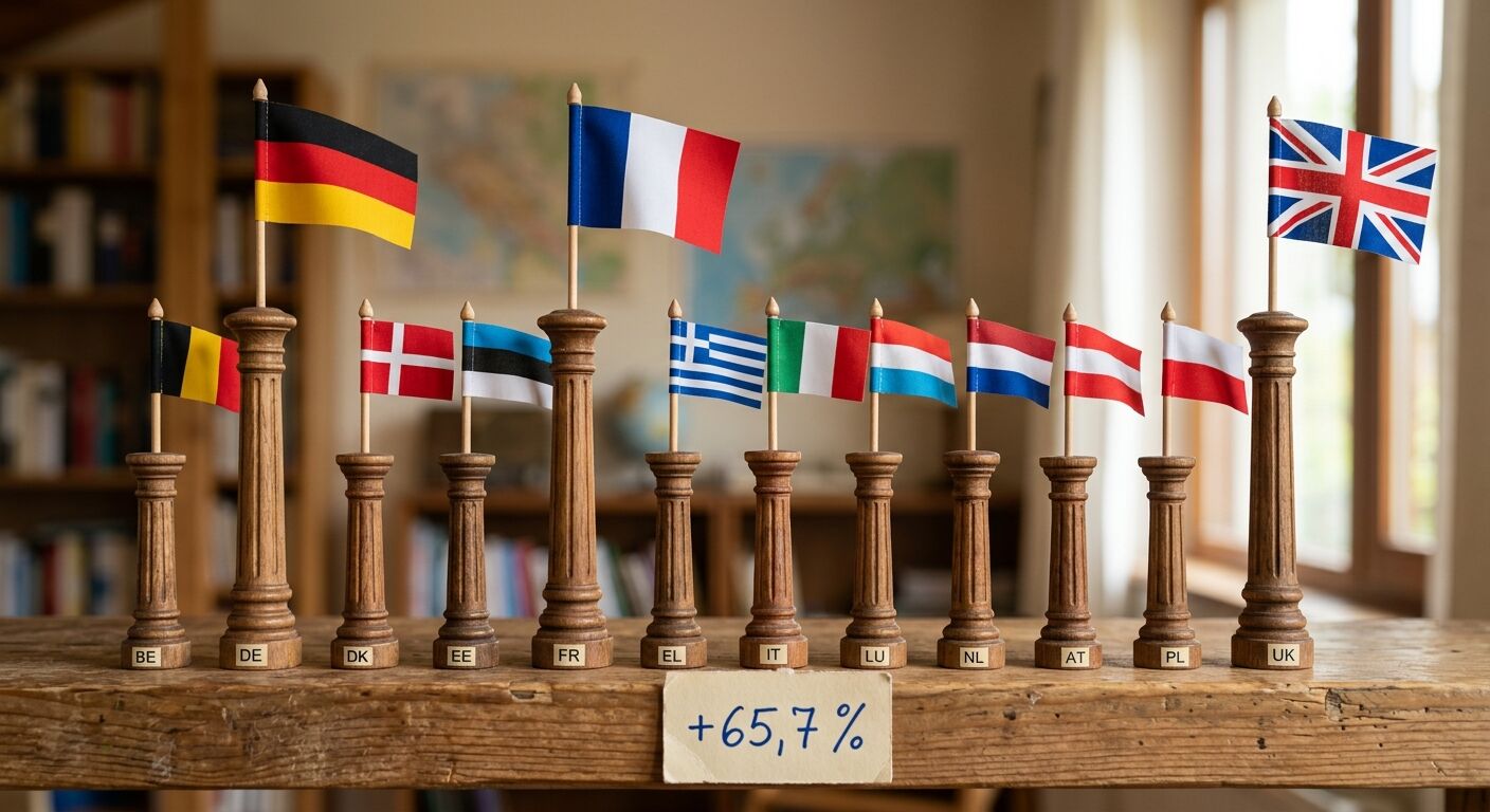 Zwölf europäische Flaggen auf Holzständern mit Länderkürzeln. Unten steht „+65,7 %“