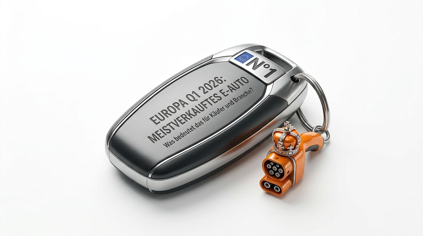 Autoschlüssel mit eingraviertem Text über E-Auto-Verkäufe Q1 2026, am Ring hängt kleiner Ladeadapter mit Krone