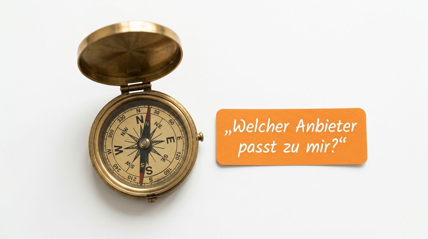 Offener Messingkompass neben orangem Schild mit Text „Welcher Anbieter passt zu mir?“