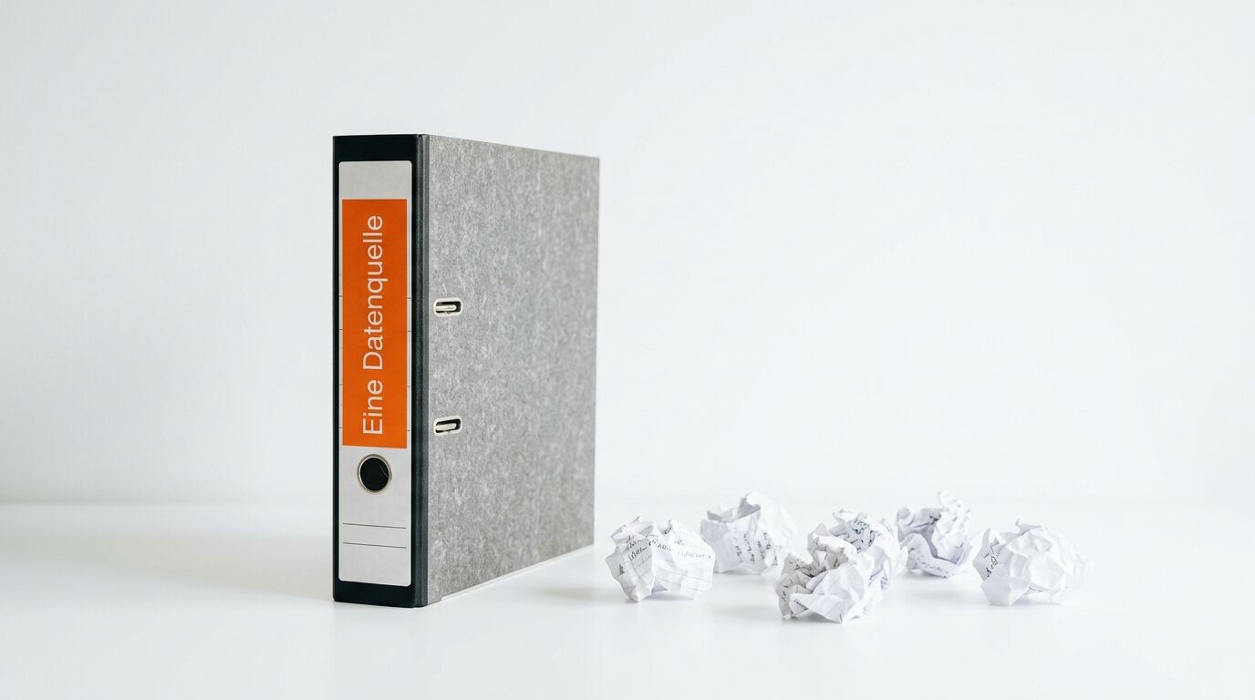 Ein grauer Ordner und zerknittertes Papier auf weißem Grund