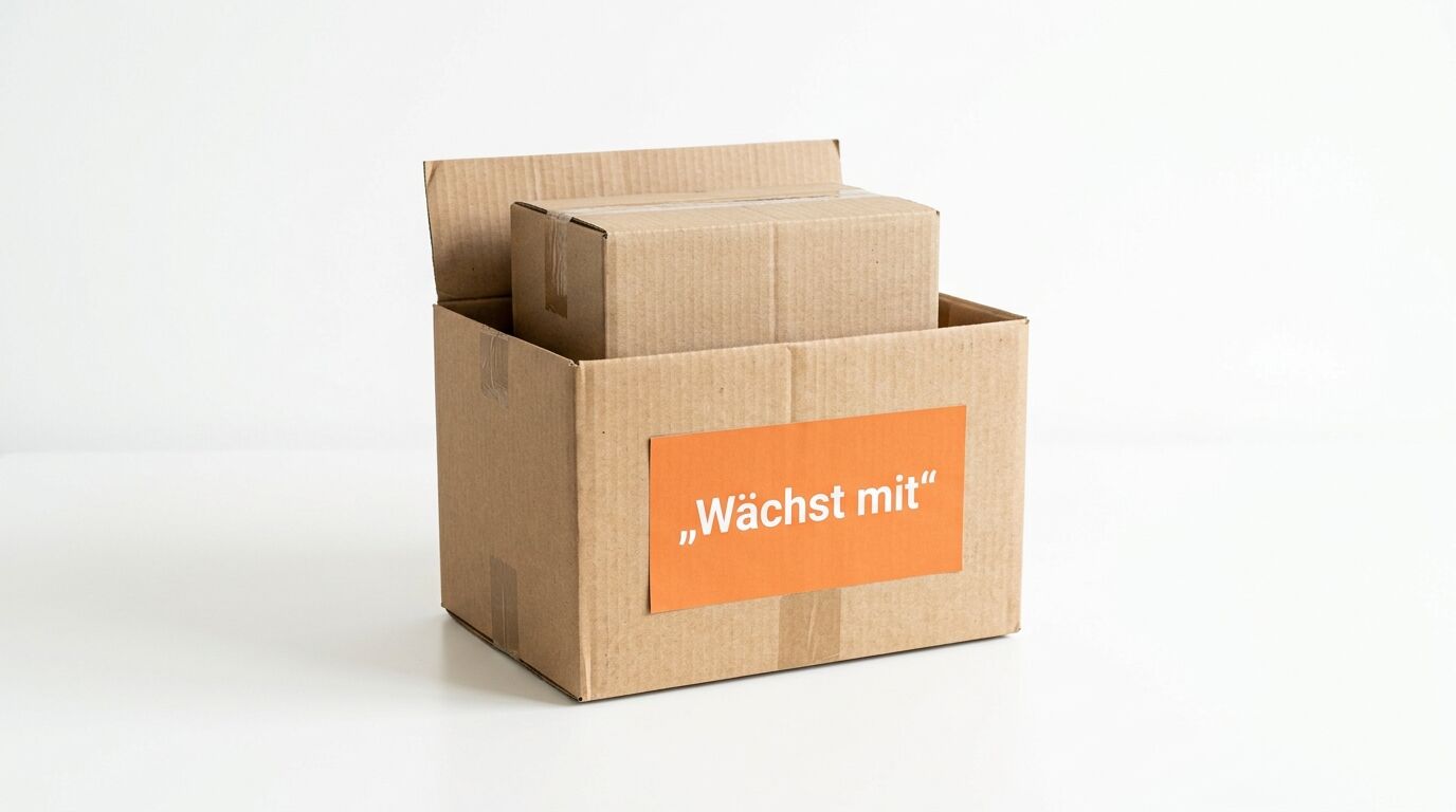 Ein großer Karton enthält einen kleineren, mit dem orangefarbenen Aufkleber 