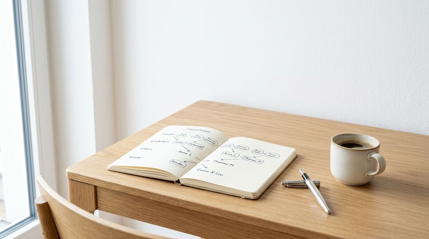 Notizbuch mit Stammbaum, Füller und Kaffeetasse auf hellem Holztisch am Fenster