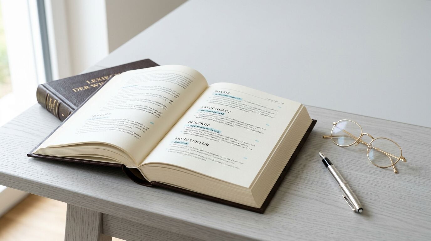 Ein offenes Buch, eine Brille und ein Stift liegen auf einem Holztisch